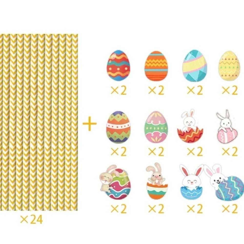 24pcs, Easter Party Bunny Egg Disposable Eco- friendly Paper Straws Easter decor